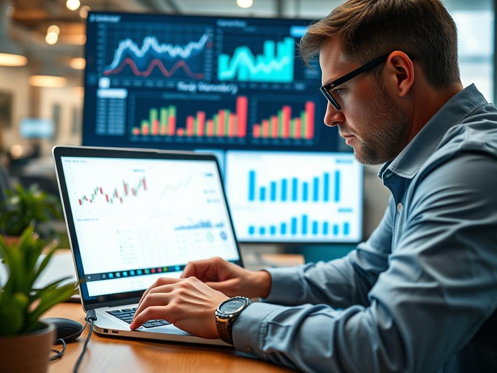 A close up shot of a market analyst reviewing real