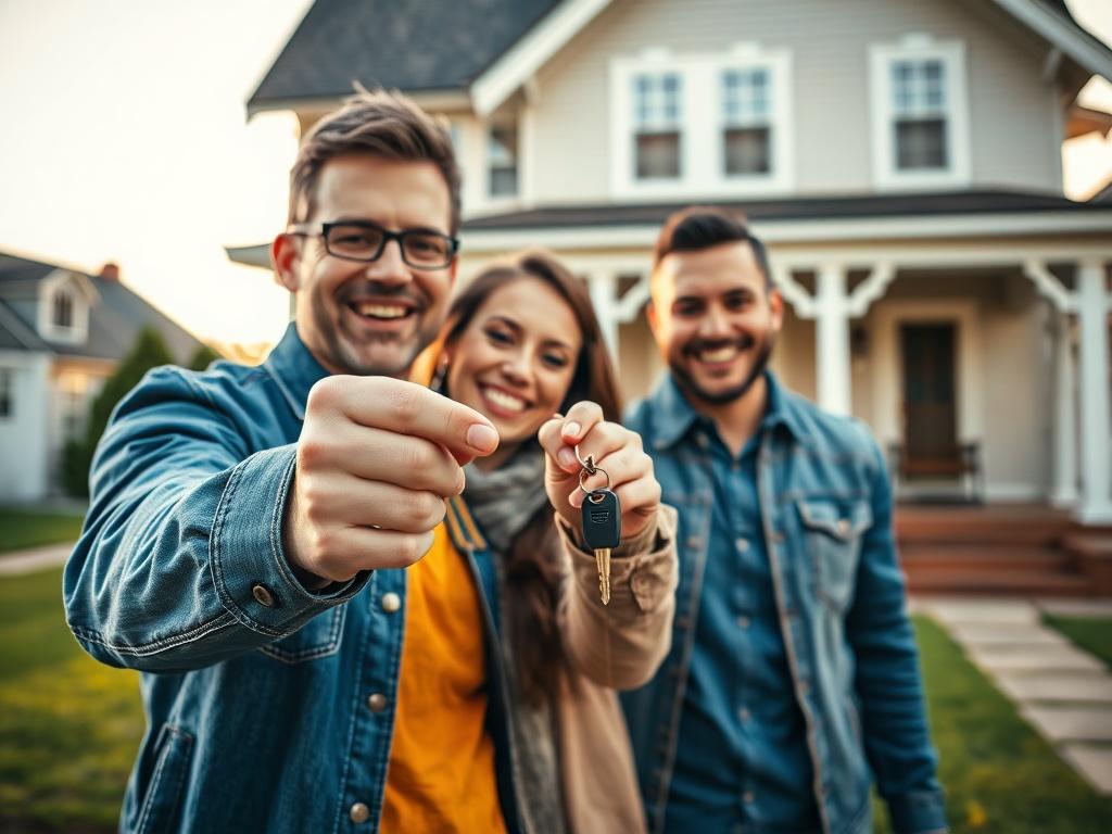 A close-up shot of a happy couple holding house keys in front of a newly purchased home. The couple appears excited and joyful, with bright smiles, representing the successful home buying experience. The house in the background is charming and inviting, showcasing a well-kept lawn and a welcoming front porch. The lighting is warm and natural, enhancing the cheerful atmosphere. The image should be rendered in hyper-realistic style to capture the emotion and excitement of first-time home buyers.