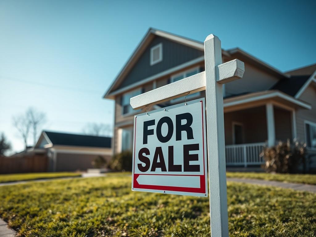 A hyper-realistic close-up shot of a 'For Sale' sign in front of a vacant property, with a well-maintained lawn and a clear blue sky in the background. The focus should be on the sign, highlighting the message of property availability, while the property itself subtly supports the theme of unwanted real estate. The composition should be simple and clear, capturing the essence of property dispositioning.