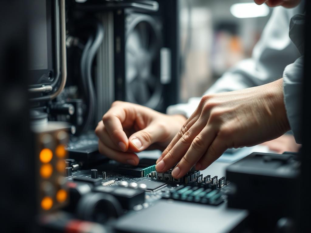 A close up shot of a technician repairing a computer,