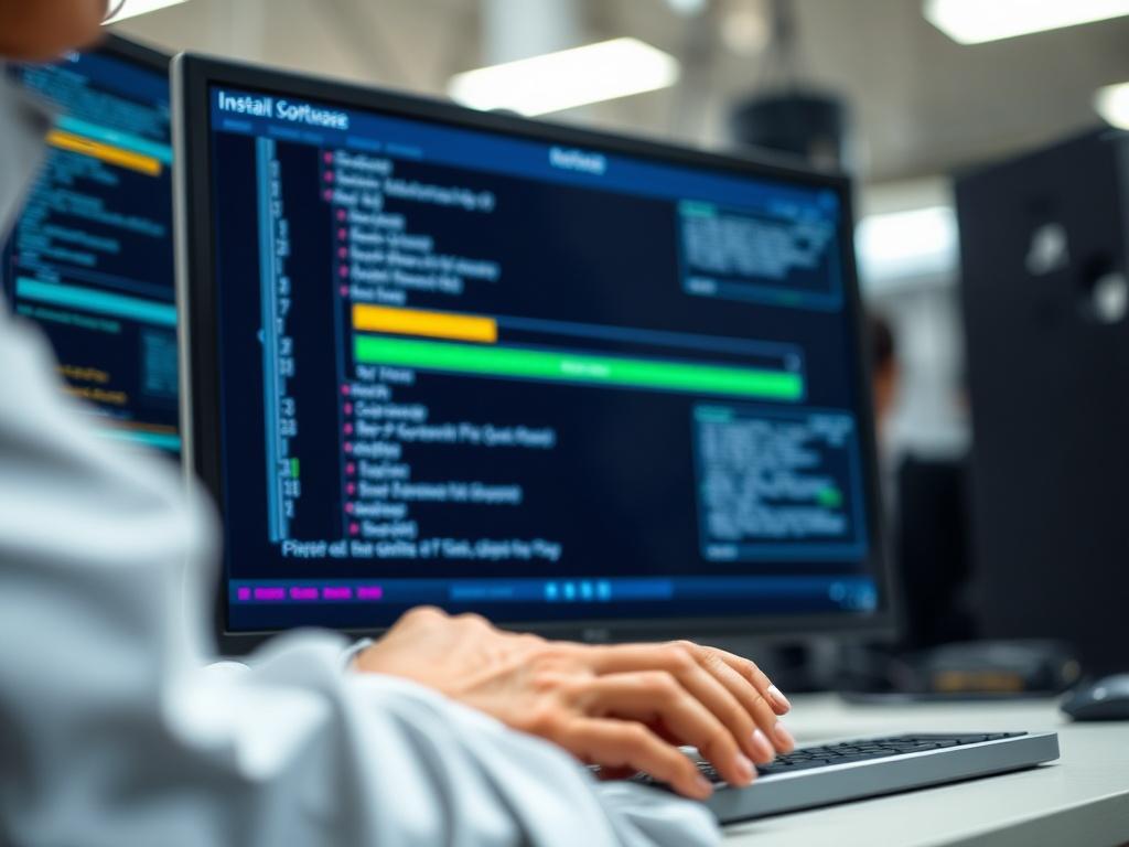 A close up shot of a technician installing software on