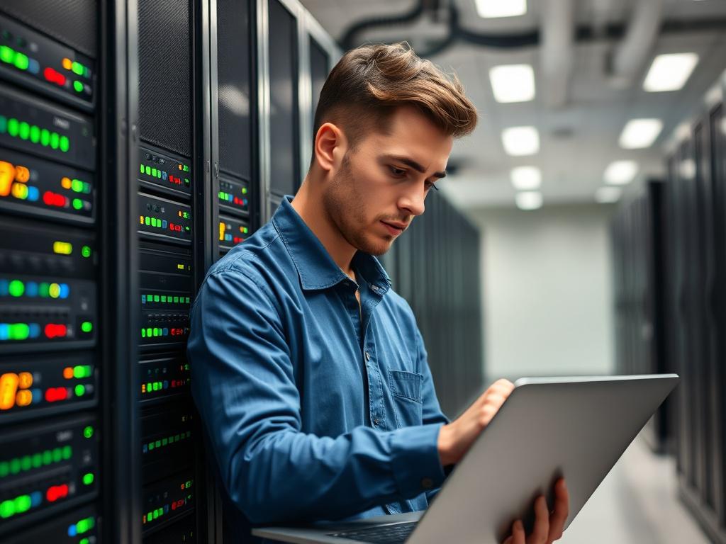 A close-up shot of a professional IT technician working on a server rack in a modern office environment. The technician is focused on their task, wearing a blue collared shirt and using a laptop to monitor the server's performance. The background features a sleek, well-organized server room with blinking lights on the servers indicating activity. The overall lighting is bright yet soft, giving a clean and professional feel to the scene. The primary color theme should feature shades of green, specifically rg