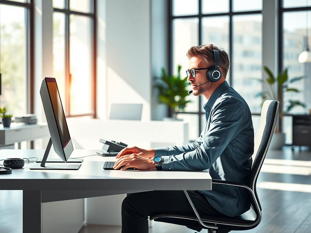 Create a realistic high-resolution photo that embodies the theme of "Understanding Advanced Voice Services." The composition should be simple and clear, featuring a single subject — a modern office worker seated at a sleek, minimalist desk. The worker should be engaged in a conversation using a high-tech headset, showcasing a look of concentration and professionalism. 

The background should depict a stylish, contemporary office environment with soft natural lighting streaming through large windows, illumin