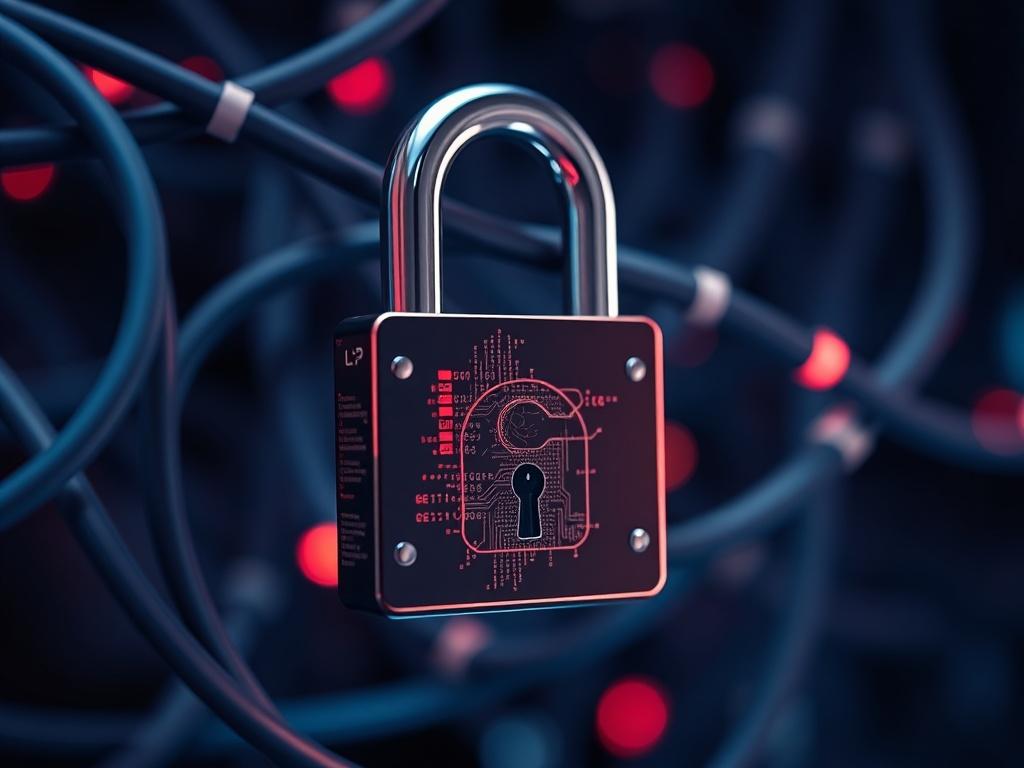 A hyper-realistic close-up shot of a digital security lock on a background of interconnected network cables. The focus is on the lock, symbolizing security, with the cables blurred in the background to emphasize the importance of safeguarding communication channels. The overall color scheme should align with the primary color rgb(50, 170, 39), conveying a sense of security and trust.