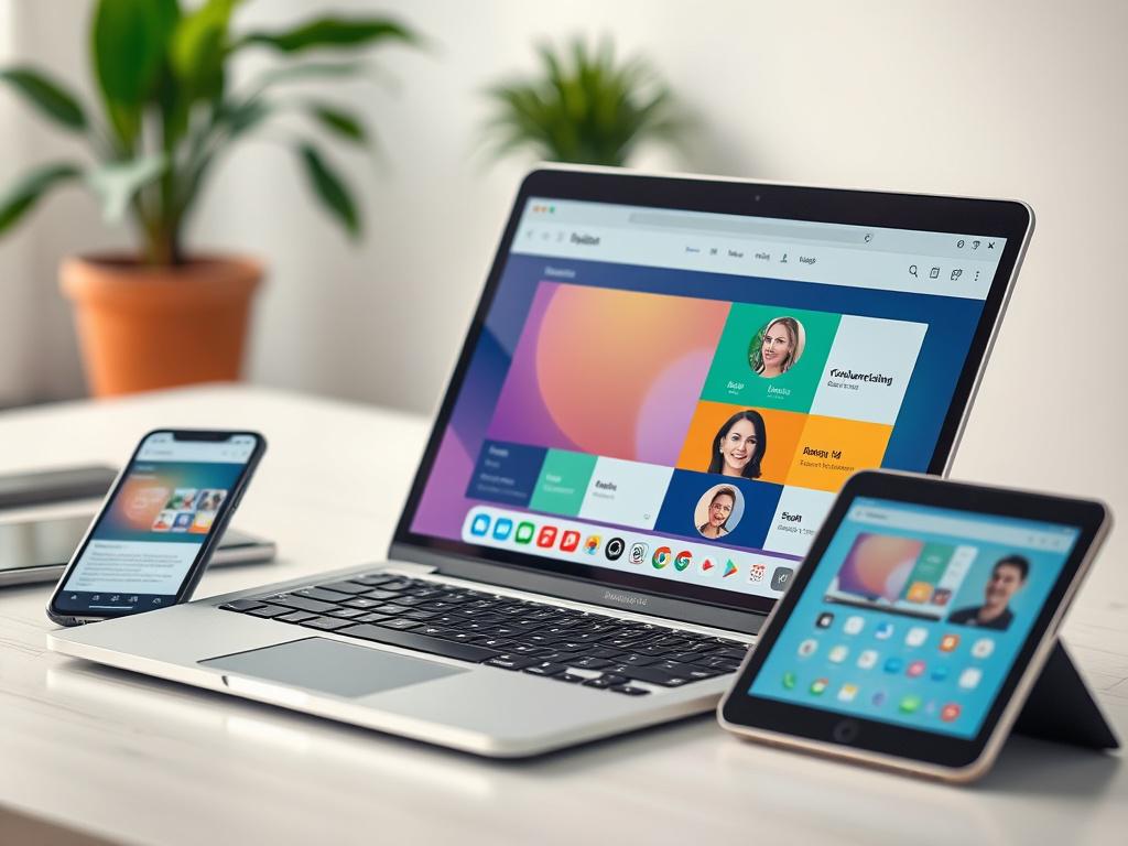 A close-up shot of a professional workspace showcasing modern cloud communication tools. The image should feature a sleek laptop displaying a vibrant UCaaS interface, surrounded by a smartphone and a tablet, both showing collaboration apps. The background should be softly blurred to emphasize the technology in focus, creating a clean and professional environment. The color palette should harmonize with rgb(50, 170, 39), incorporating elements of green in the workspace decor.