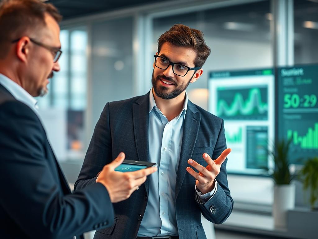 A hyper-realistic close-up shot of a technology consultant engaged in a discussion with a business client, showcasing a modern office environment. The consultant is confidently presenting a digital device with graphs and data on the screen, emphasizing a professional and collaborative atmosphere. The background should be softly blurred, highlighting the consultant and client interaction while maintaining a clean and sophisticated look. The color theme should incorporate shades of green, particularly the pri