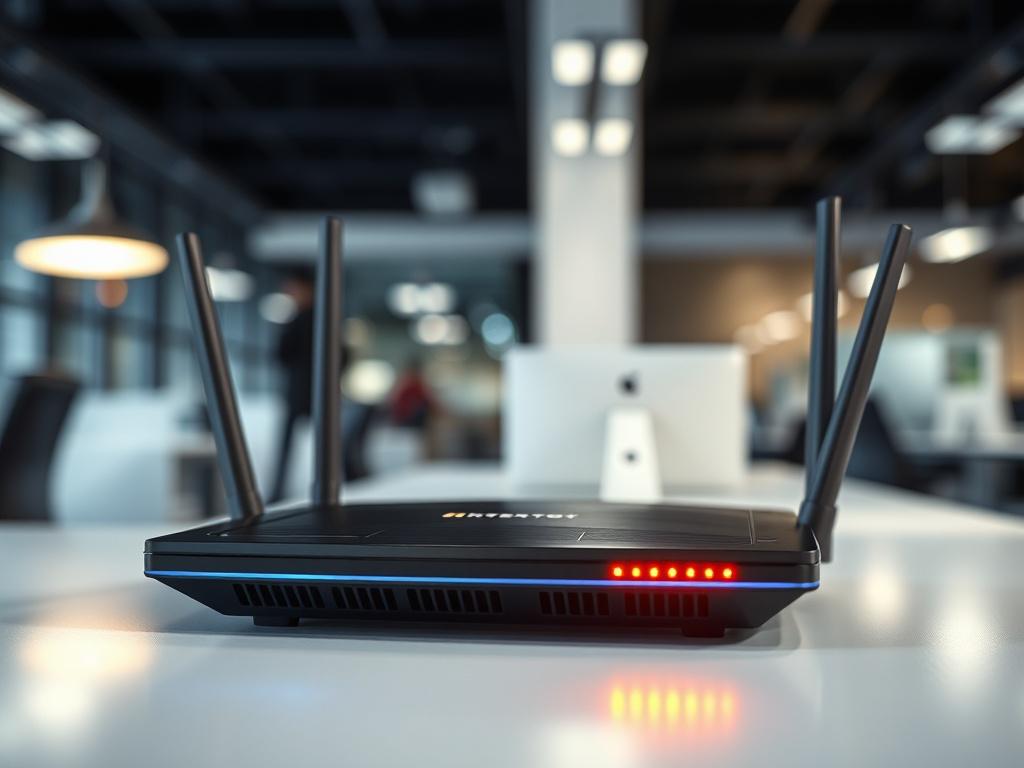 A close-up shot of a modern, sleek router with blinking lights, symbolizing internet connectivity. The background should be a blurred office environment, conveying a sense of a busy workplace. The image should be hyper-realistic and shot with a 45mm f/1.2 lens, capturing the details of the router while maintaining a soft-focus effect in the background. The primary color of the image should resonate with rgb(50, 170, 39).