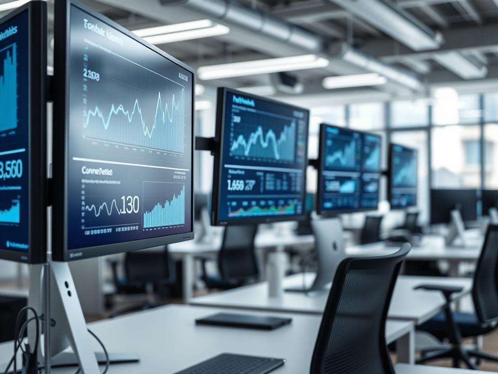 A close-up shot of a modern office workspace showcasing multiple screens displaying network connectivity graphs and charts. The office is well-lit with a sleek design, featuring ergonomic furniture and technology tools. The focus is on the screens, emphasizing the importance of seamless connectivity in a professional setting.