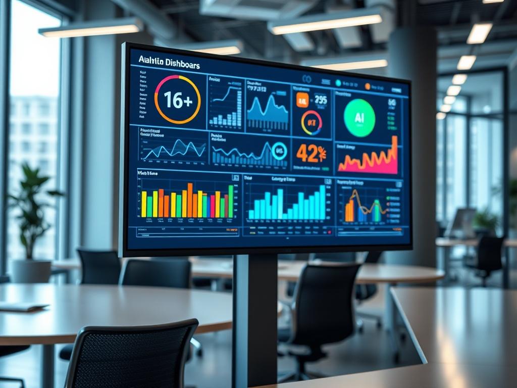 A close-up shot of an AI dashboard displaying various analytics and data visualizations in a modern office environment. The screen is bright and colorful, showcasing graphs and charts. The focus is on the screen, highlighting the importance of AI in business decision-making.