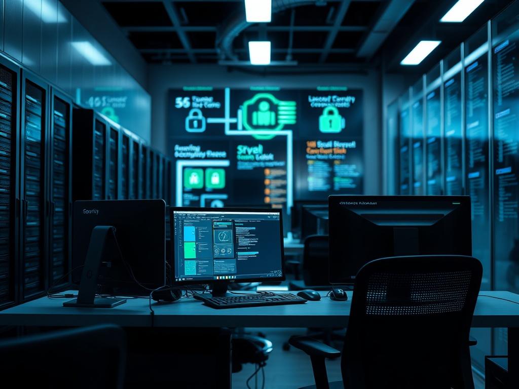 A realistic high-resolution photo featuring a modern office environment with advanced technology in focus, such as computers and servers. The setting should convey a sense of security and professionalism, with a clean and organized workspace. The lighting should be bold and high-contrast, highlighting the technology while casting deep shadows. The background should include elements like digital security displays or compliance checklists, emphasizing the importance of digital risk management without any peop