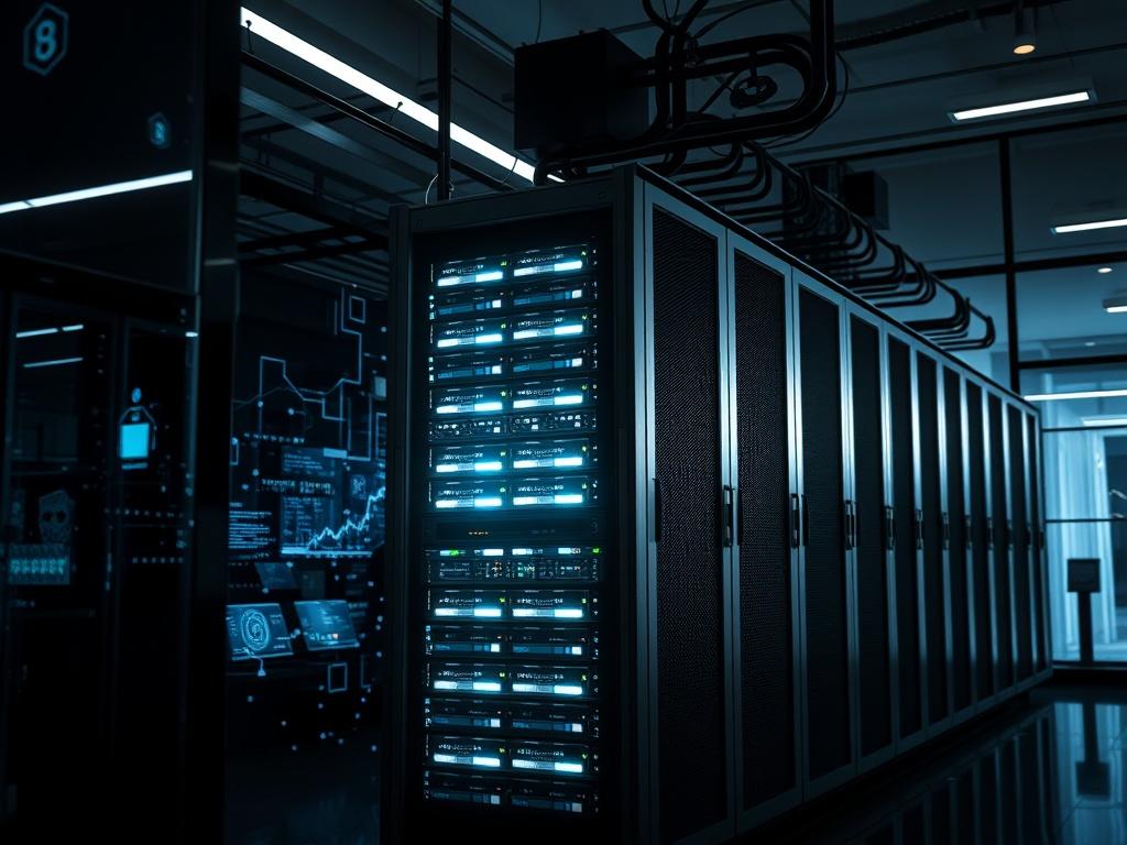 A high-resolution image depicting a sleek, modern office environment showcasing technology infrastructure. The focus should be on a central server rack with glowing lights, symbolizing connectivity and data management. The background should feature abstract digital elements to represent cybersecurity and automation. The lighting should be high-contrast, with deep shadows and a striking interplay between light and dark, emphasizing the high-tech theme.