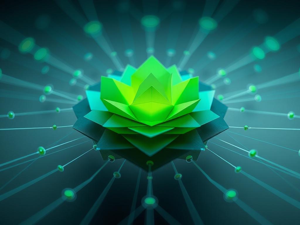 Create a realistic high-resolution photo that features abstract layered shapes expanding outward, symbolizing scalable connectivity across multiple locations. The composition should focus on a single subject of interconnected shapes in vibrant greens and blues, set against a subtle gradient background that complements the primary color rgb(50, 170, 39). The shapes should appear dynamic and harmonious, conveying a sense of growth and technological advancement.