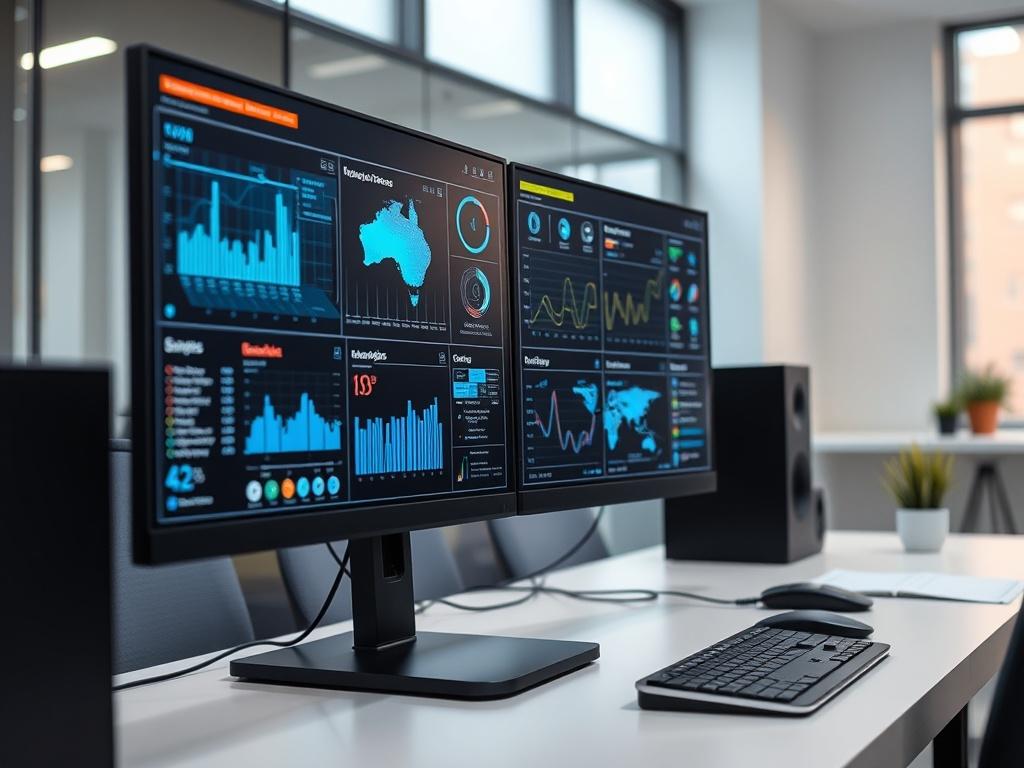A hyper-realistic close-up shot of a modern technology workspace featuring a sleek computer setup with dual monitors displaying cybersecurity graphics and business technology dashboards. The background should be a clean, minimalist office environment with soft lighting. The image should evoke a sense of focus and professionalism, with a color palette that includes the primary color rgb(50, 170, 39).