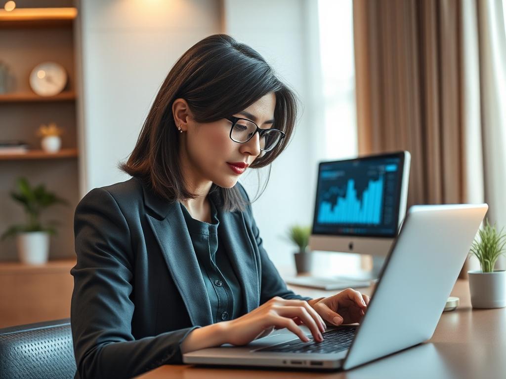 **AI Image Generation Prompt:**

Create a realistic high-resolution photo illustrating the theme of technology's role in business efficiency. The image should feature a close-up of a confident business professional, a middle-aged woman with shoulder-length dark hair, intently reviewing data on her modern laptop. She appears focused and engaged, symbolizing the importance of smart technology choices for business growth.

The background should be an elegant, minimalist office space, with soft, natural lightin