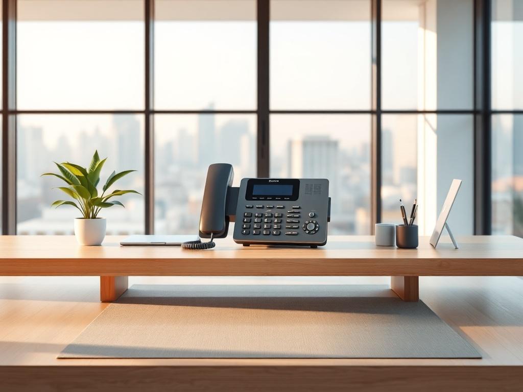 **Prompt for AI Image Generation:**

Create a high-resolution photo that depicts a modern business office environment focusing on a single, sleek VoIP phone placed prominently on a clean, minimalist desk. The desk should be made of light-colored wood, with a soft, neutral-toned mat underneath to enhance the visual contrast. The VoIP phone should be state-of-the-art, featuring a simple interface with no visible labels or text, emphasizing its advanced design.

In the background, incorporate large windows all