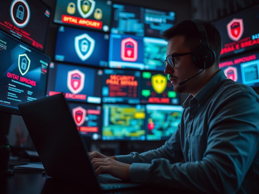 A close-up shot of a cybersecurity professional working on a laptop in a dimly lit room filled with screens displaying security protocols and data breaches. The image conveys a sense of vigilance and high-tech security measures, showcasing the importance of cybersecurity.