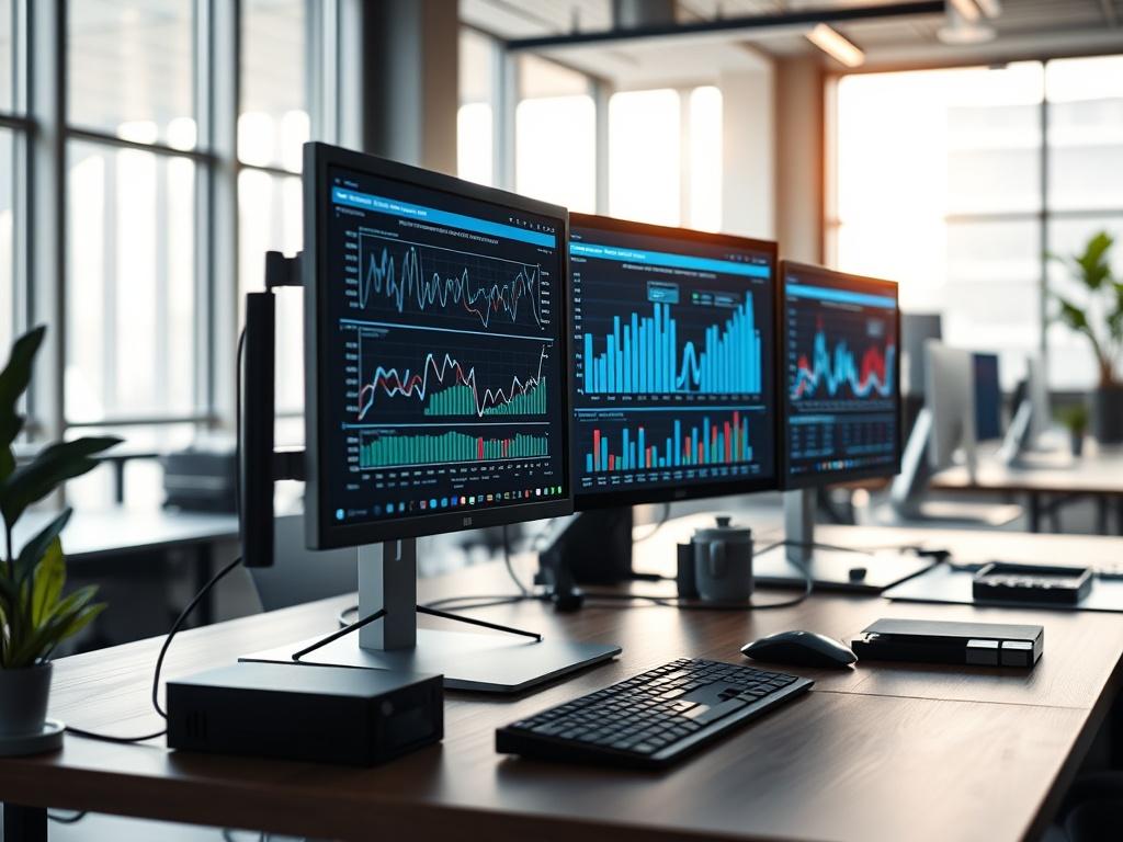 A close-up shot of a modern office workspace showing a sleek computer setup with multiple monitors displaying graphs of internet connectivity and data analytics. The background is a clean, stylish office environment with natural light coming in through large windows, emphasizing productivity and technology.