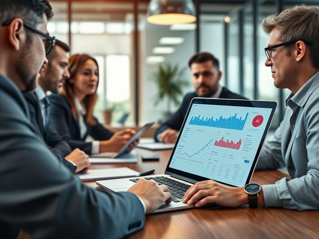 A close-up shot of a business meeting where professionals are discussing AI solutions, with a laptop open showing AI analytics dashboards. The environment is modern and collaborative, highlighting the integration of technology in strategic decision-making.