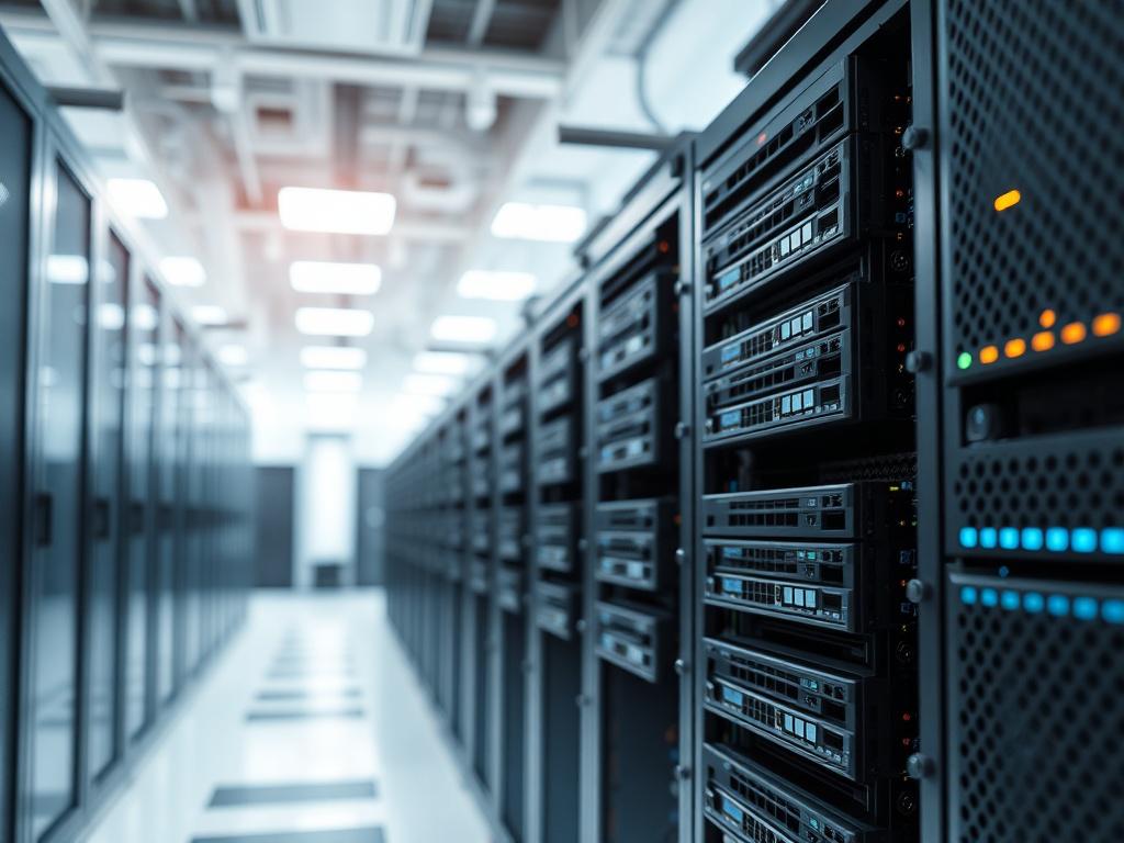A close-up shot of a modern server rack in a well-lit data center, showcasing high-performance servers and networking equipment. The focus is on the intricate details of the servers, with a soft background that highlights the technology. The image should convey a sense of reliability and innovation, with a color palette that incorporates the primary color rgb(50, 170, 39). Shot with a 45mm f/1.2 lens to create a hyper-realistic effect.