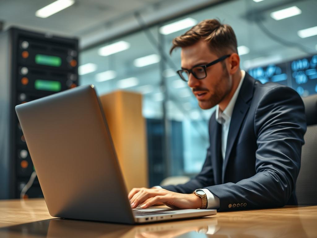 A close-up shot of a modern office environment with a professional looking at a laptop with a seamless internet connection. The background features high-tech networking equipment subtly out of focus, emphasizing the importance of connectivity in a business setting.