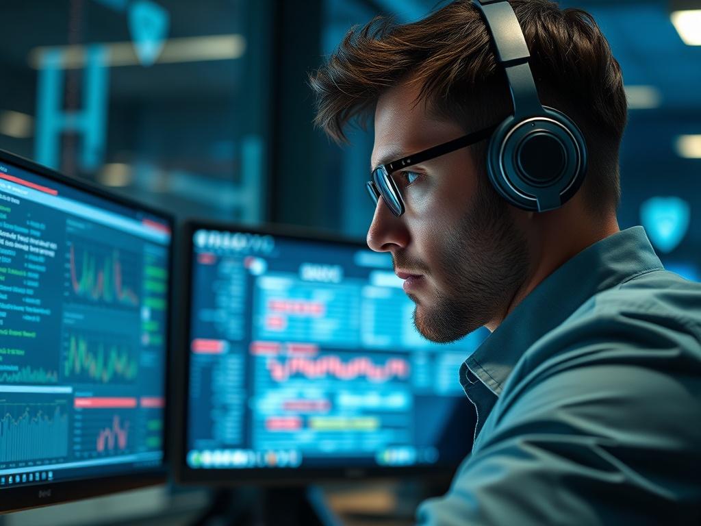 A close-up shot of a cybersecurity professional analyzing data on multiple screens, showcasing protective measures. The background should have a subtle digital security theme, highlighting the importance of cybersecurity in a modern business.