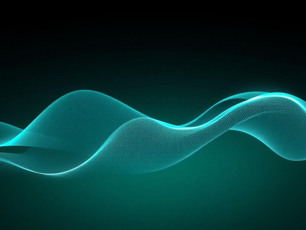 An abstract sound-wave illustration featuring soft, flowing lines in teal and charcoal tones. The design incorporates subtle light accents that suggest clarity and precision, creating a minimal and modern aesthetic. The illustration is designed to sit cleanly on a deep green gradient background, providing a striking visual contrast.