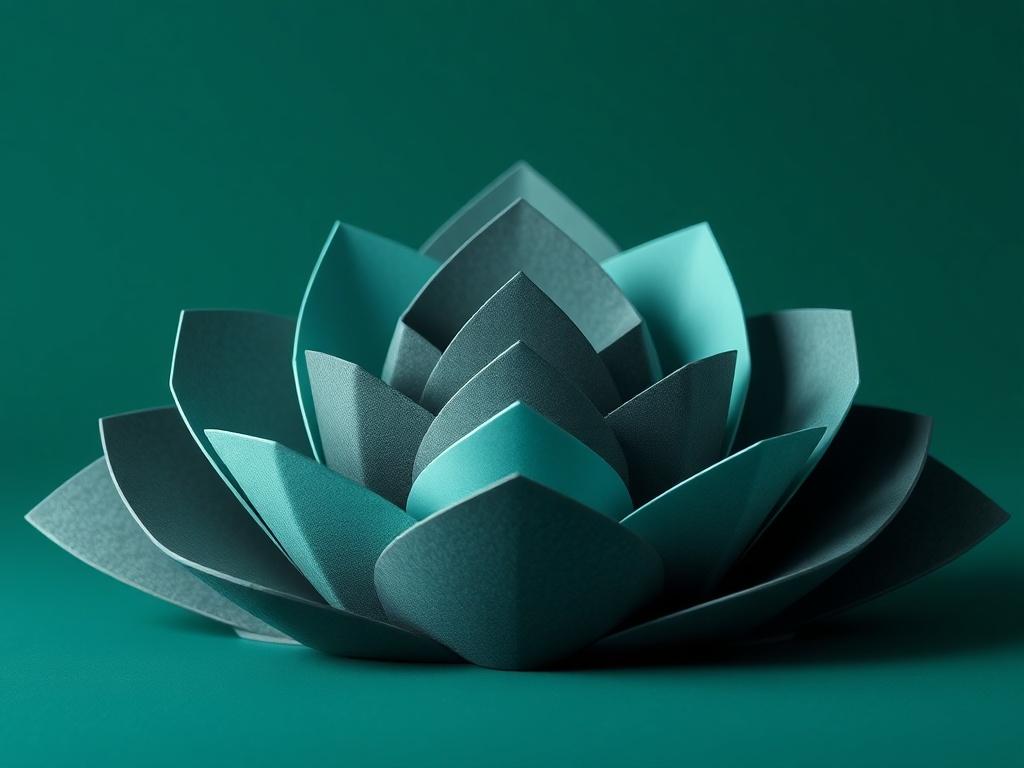 Create a realistic high-resolution photo featuring abstract multi-layered shapes that represent growth and scalability. The composition should showcase soft geometric forms expanding outward in teal and charcoal hues, set against a minimal, modern design. The background should feature a deep green gradient, creating a harmonious and visually appealing scene. The focus should be on the geometric shapes, highlighting their depth and texture without any text or abstract elements.