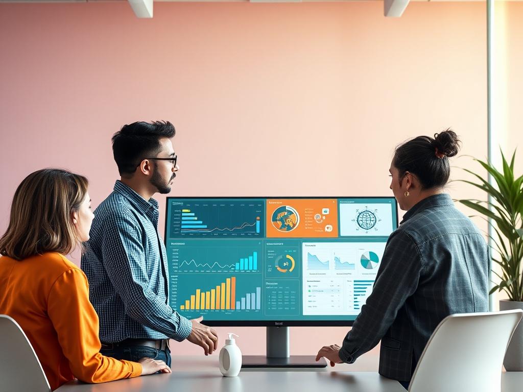A dynamic workspace featuring a diverse team discussing AI integration over a digital display showcasing data analytics and AI tools. The atmosphere should be collaborative and forward-thinking, with bright colors and modern design.