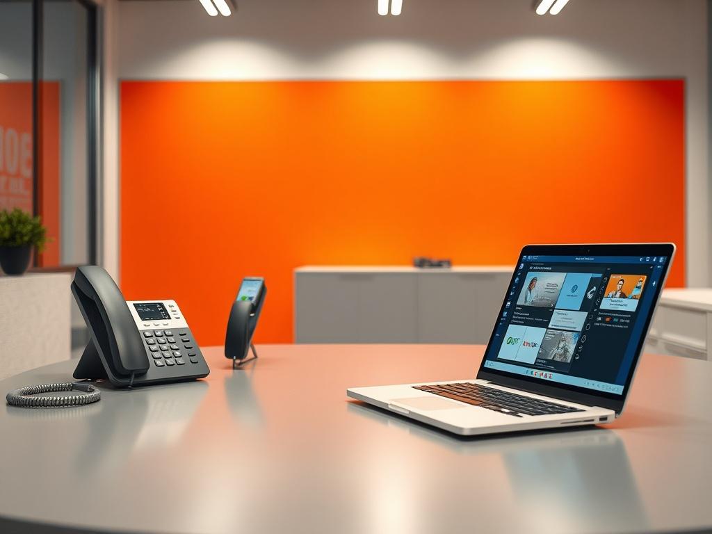 A modern office environment showcasing a sleek desk with a high-tech phone system and a laptop open with communication software. The background features a minimalistic design with vibrant colors, emphasizing a professional yet inviting atmosphere.