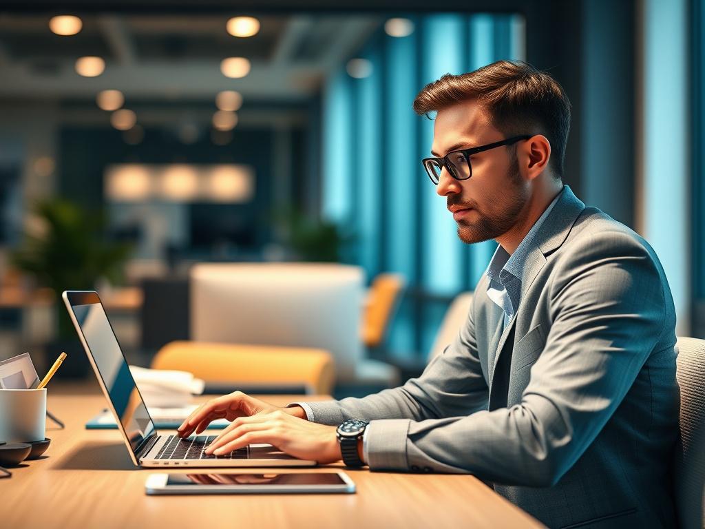 A professional consultant sitting at a modern desk, reviewing technology solutions on a laptop. The background features a sleek office environment with technology paraphernalia. The focus is on the consultant's thoughtful expression as they engage with the technology. The lighting is warm, creating an inviting atmosphere. The image is shot in hyper-realistic detail with a 45mm f/1.2 lens style, emphasizing clarity and depth.