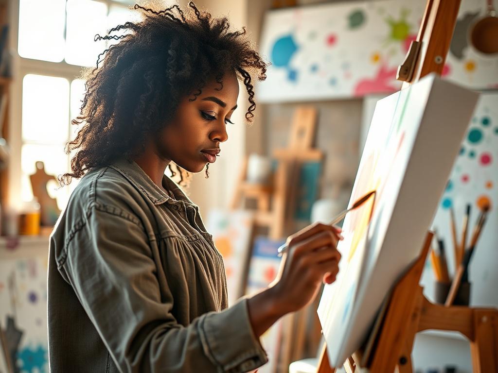A close-up shot of a young artist passionately painting on a canvas in a vibrant, sunlit studio. The artist, a Black woman in her 20s with curly hair, is focused and immersed in her work. The background features colorful paint splatters and artistic tools, creating an inspiring atmosphere. Shot with a 45mm f/1.2 lens style, ensuring a hyper-realistic depiction with sharp details and a warm color palette compatible with rgb(122, 86, 4).