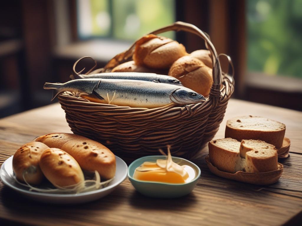 A close-up shot of a rustic wooden table adorned with a simple basket of fresh loaves and a few pieces of grilled fish. The setting is warm and inviting, with soft natural lighting that highlights the textures of the bread and fish. A blurred background of greenery or soft fabric adds a calming atmosphere, evoking a sense of nourishment and community. The image should be hyper-realistic, shot with a 45mm f/1.2 lens style, focusing on the basket as the main subject.
