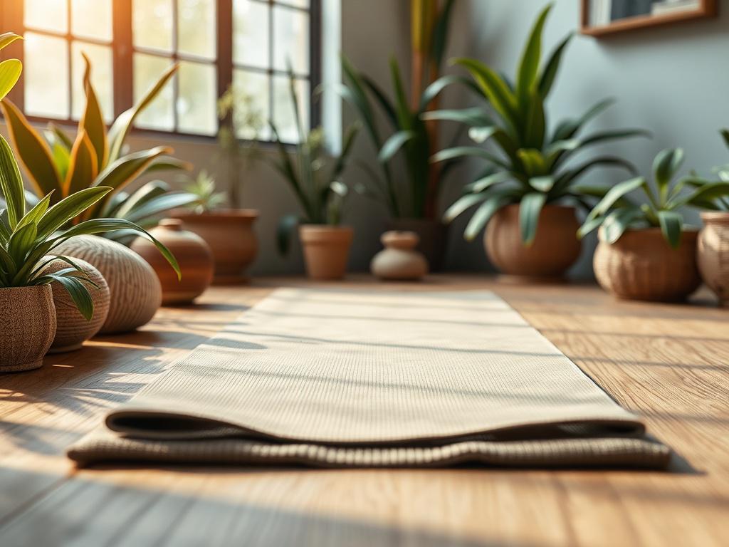 A close-up shot of a serene yoga mat in a tranquil setting, surrounded by plants and calming elements, evoking a sense of peace.