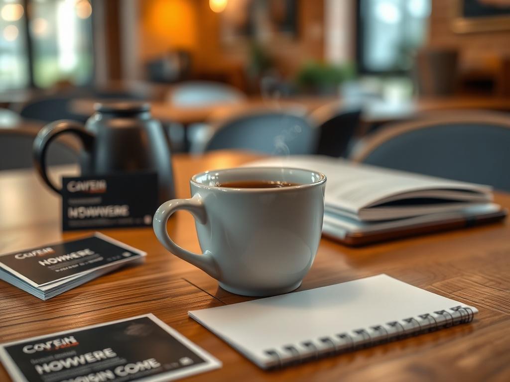 A close-up shot of a steaming cup of coffee on a wooden table, surrounded by business cards and a notepad, with a warm, inviting atmosphere in the background.