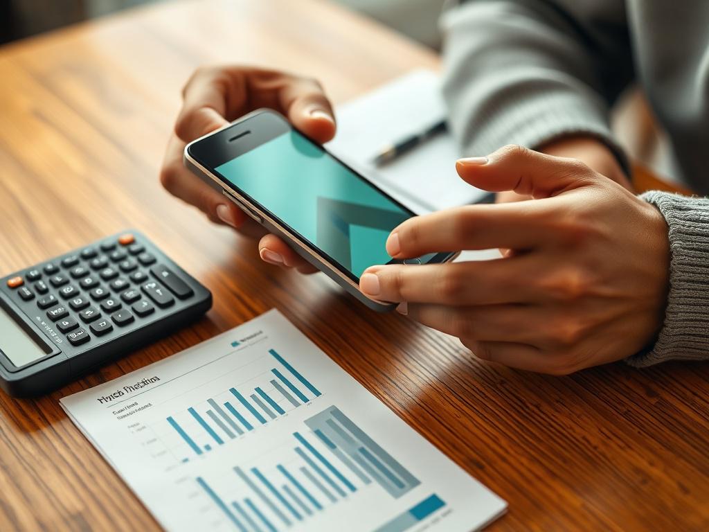 A close-up shot of a person using a smartphone to manage their finances, with a calculator and financial documents on a wooden table. The scene is warm and inviting, with soft lighting that creates a cozy atmosphere. The color tones should harmonize with rgb(122, 86, 4), and the focus should be on the smartphone and hands, capturing the essence of modern financial management.