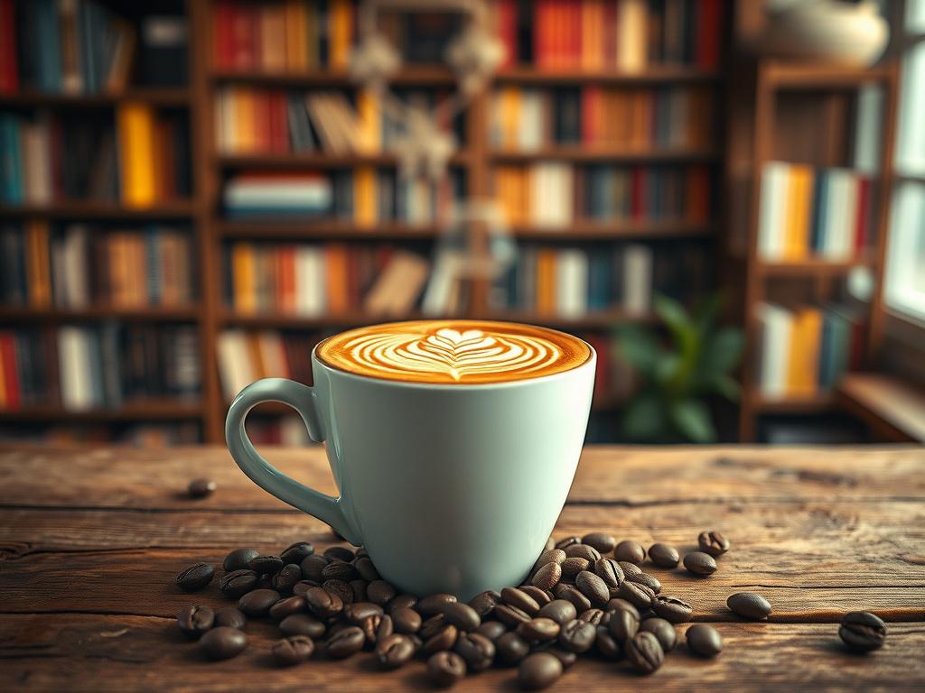 A close-up shot of a steaming cup of coffee placed on a rustic wooden table. The cup features intricate latte art on top and is surrounded by scattered coffee beans. In the background, soft-focused bookshelves filled with colorful books create a cozy atmosphere, complemented by warm lighting that enhances the inviting vibe. The color scheme incorporates earthy tones to align with the rgb(122, 86, 4) primary color.