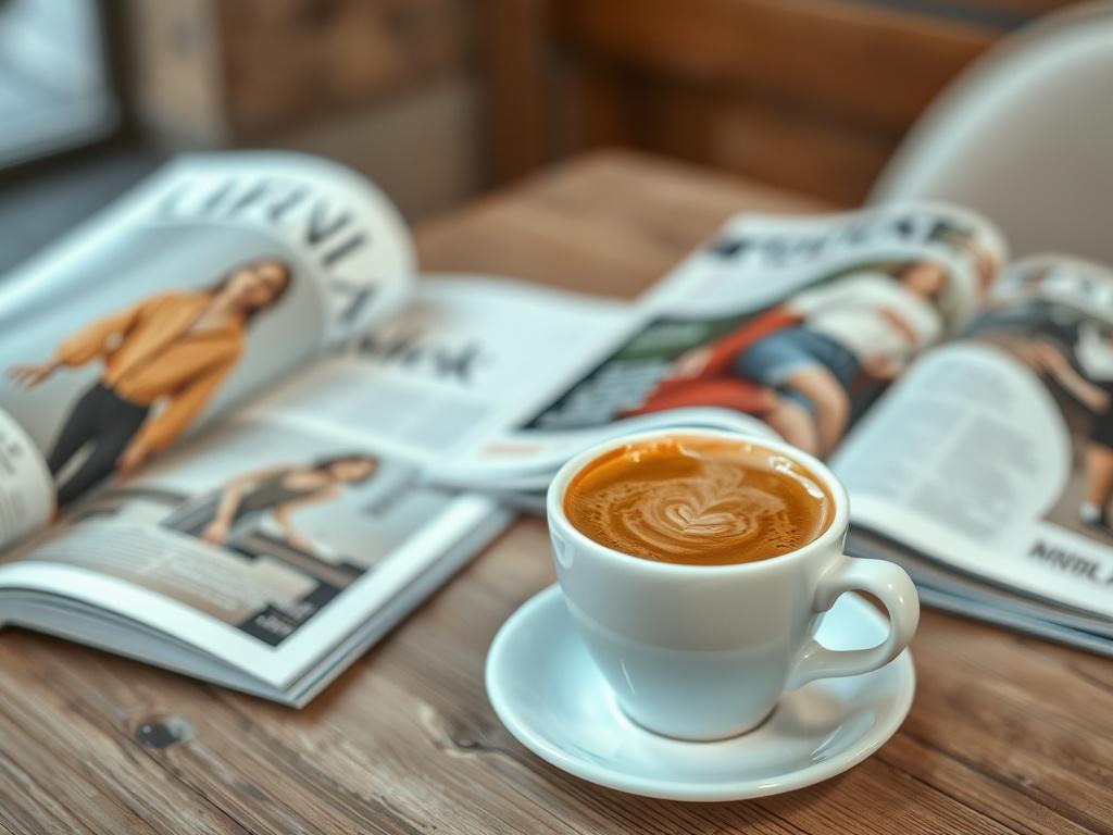 A close-up shot of a steaming cup of coffee on a rustic wooden table, surrounded by open magazines showcasing fashion and lifestyle. The background is softly blurred, emphasizing the coffee cup, with warm earthy tones that complement the rgb(122, 86, 4) primary color. The composition is simple and inviting, capturing the essence of a cozy coffee shop atmosphere.