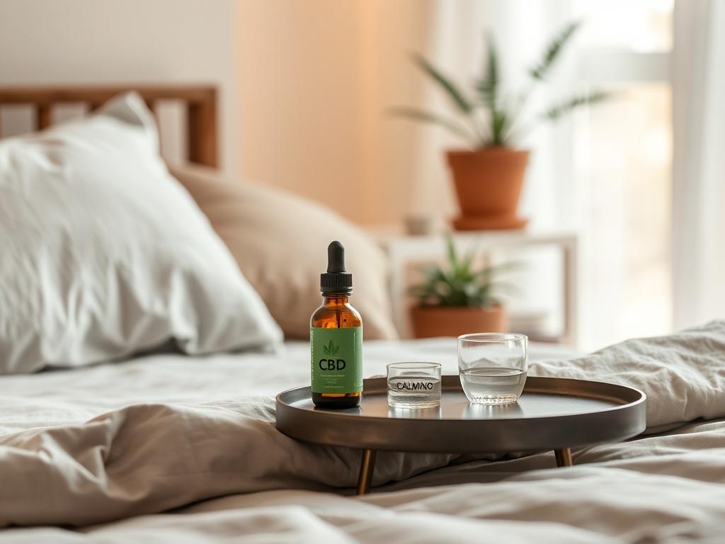 Create a realistic high-resolution image that visually represents the topic "CBD for Sleep: Does It Really Work? Expert Insights." The composition should be simple and clear, featuring a single subject—a serene bedroom scene designed to evoke calmness and tranquility.

The main subject should be a cozy, inviting bed with soft, natural-toned bedding such as light grey or pastel colors. On one side of the bed, place a small, elegant bedside table showcasing a bottle of CBD oil with a dropper prominently displ
