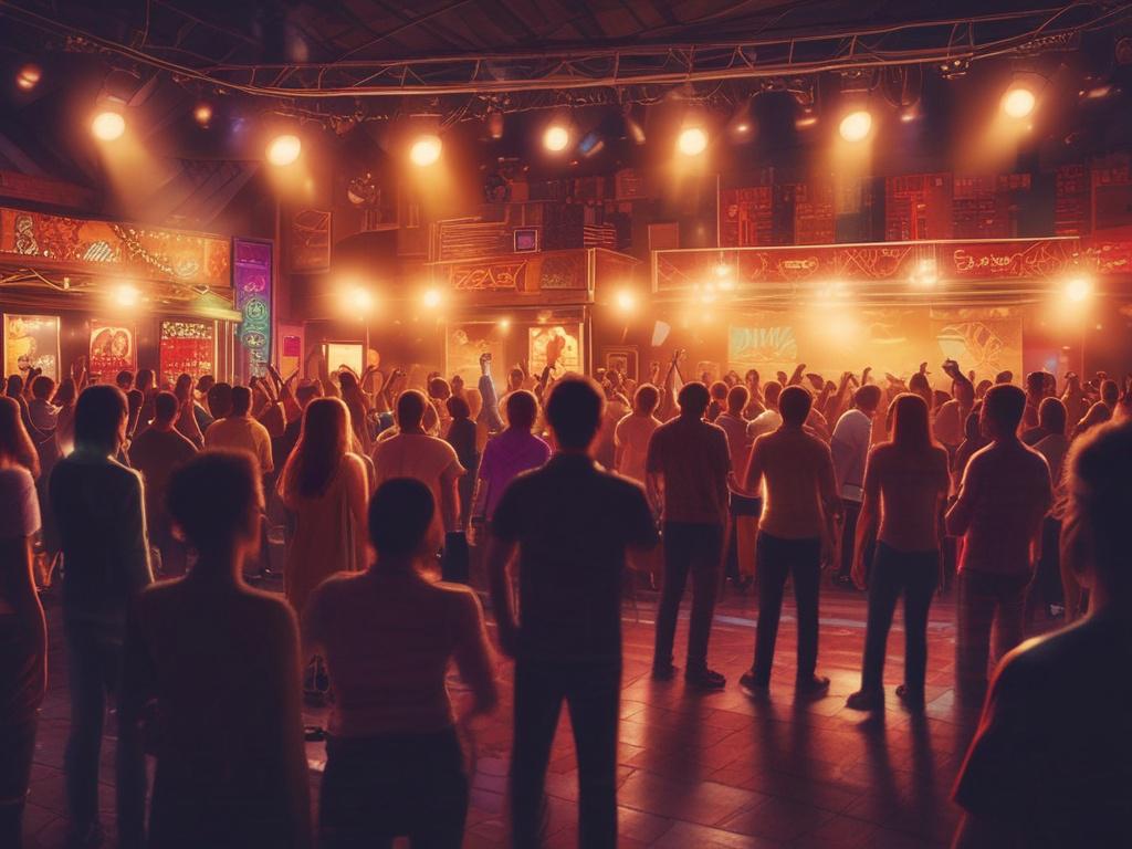 A vibrant concert scene at Sow Good Music featuring a live band performing on stage, with colorful lights shining down and an enthusiastic audience dancing and clapping. The atmosphere is filled with excitement and energy, capturing the essence of a lively music and dance event. The background is adorned with warm golden hues and soft lighting, creating a cozy yet festive ambiance.
