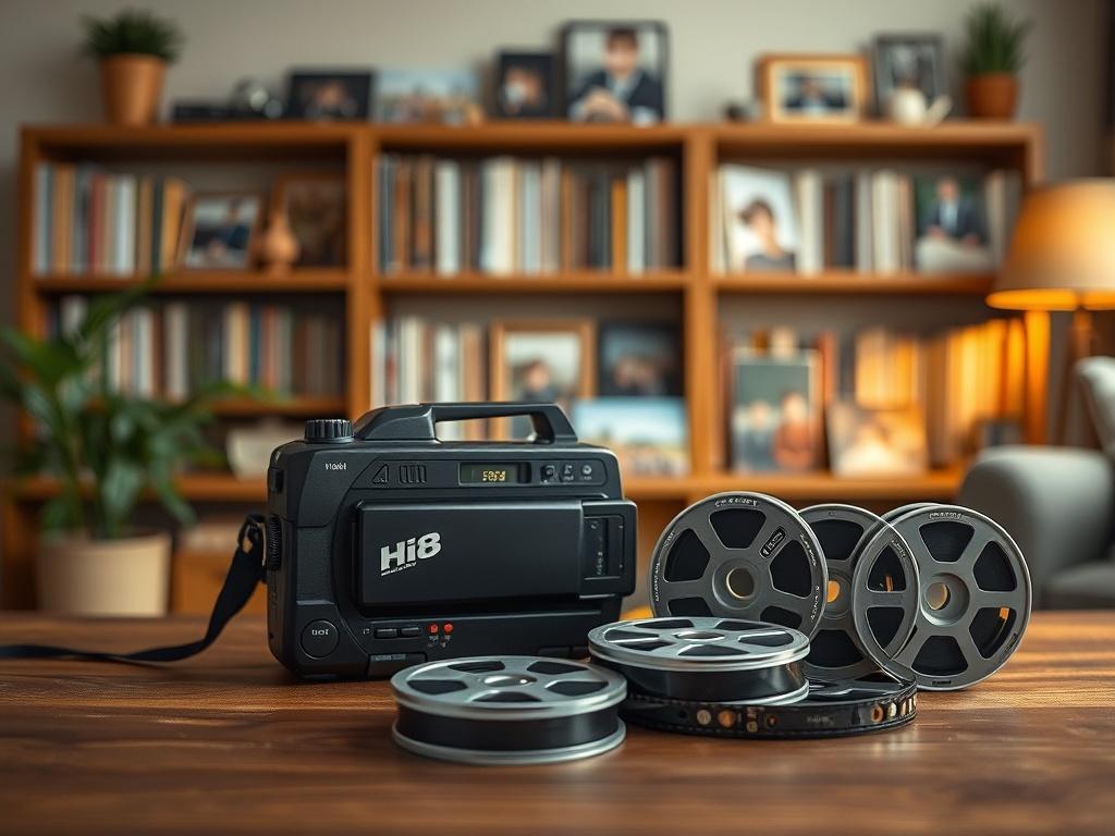 A serene home setting with a vintage Hi8 camera and Super8 film reels placed on a wooden table. Soft, warm lighting enhances the cozy atmosphere. The background features a blurred bookshelf filled with family photo albums, creating a nostalgic vibe. The focus is on the camera and film reels, inviting the viewer to reminisce about cherished moments.