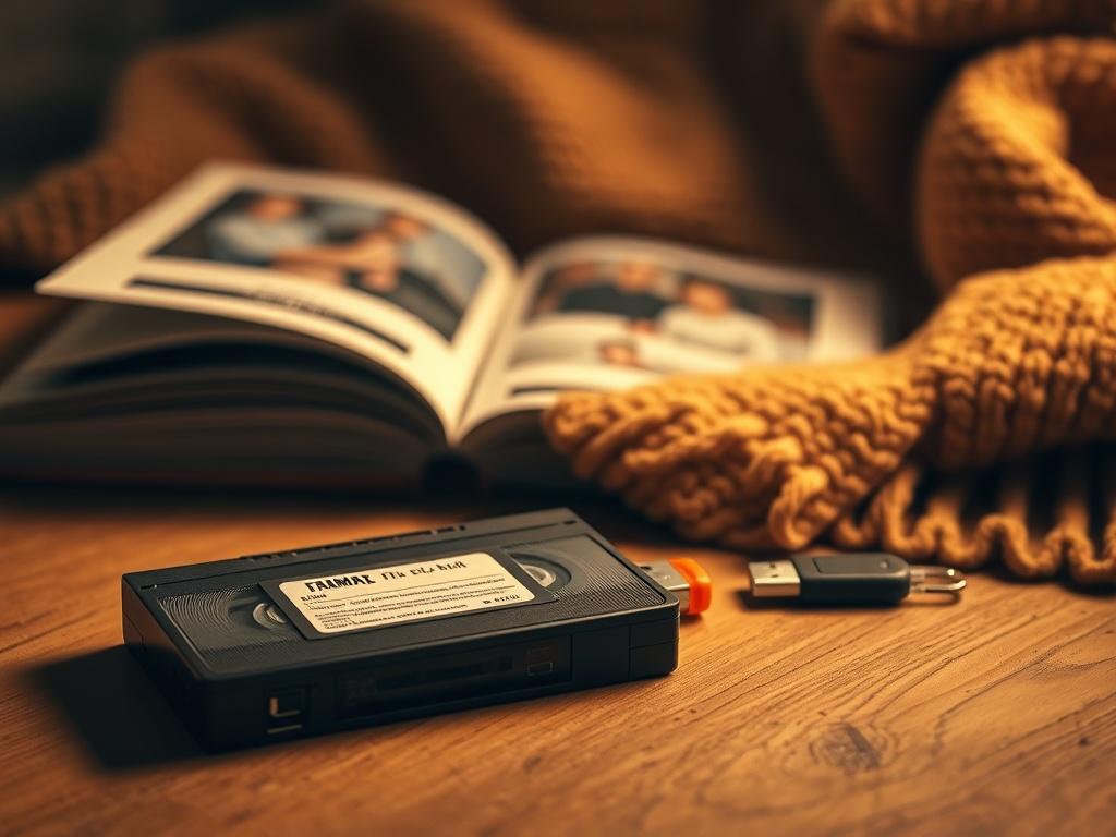 A warm, inviting scene featuring a vintage VHS tape and