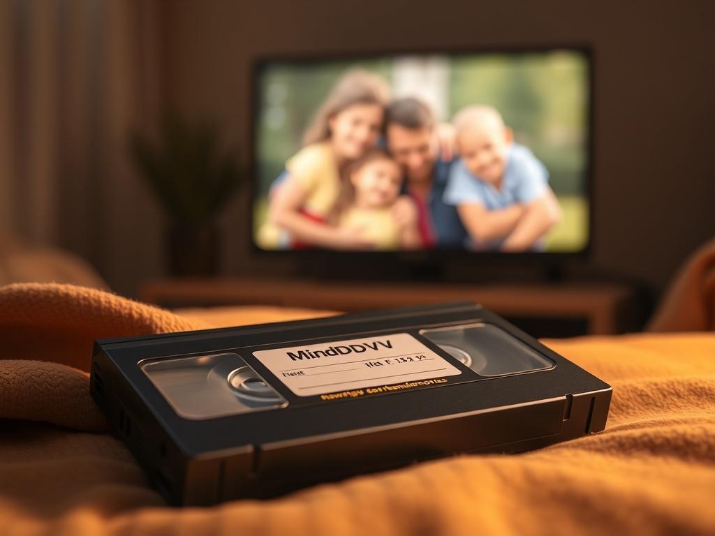 A close up of a MiniDV tape resting on a