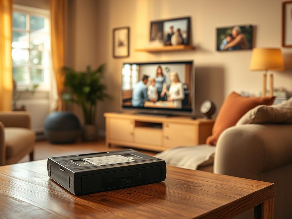 A cozy living room setting with a vintage VHS tape