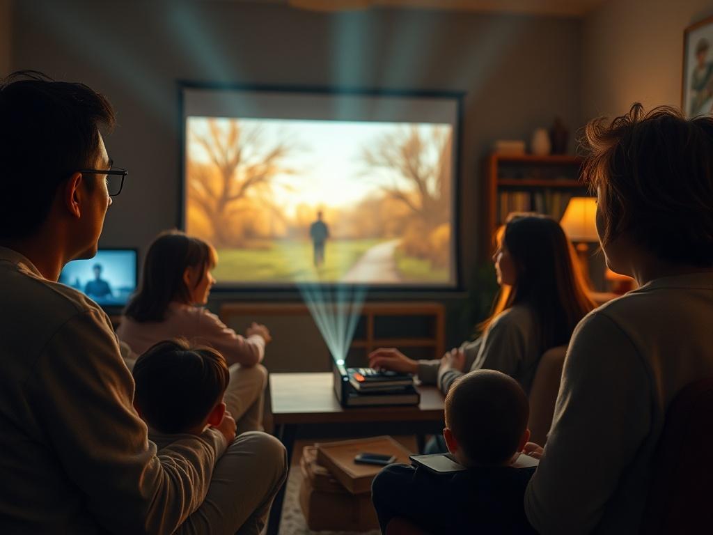 A nostalgic scene featuring an 8mm projector casting light onto