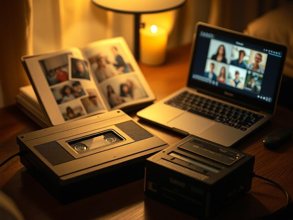 A cozy home setting with a vintage VHS tape being