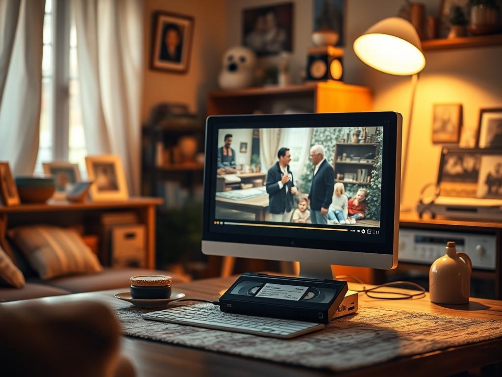 A cozy home setting with a vintage VHS tape being transformed into a high-definition digital format on a computer screen. The lighting is soft and warm, creating a nostalgic atmosphere. In the background, there are family photos and memorabilia that evoke cherished memories. The focus is on the computer screen showing a vibrant, enhanced video image next to the original tape, illustrating the contrast between the old and the new.