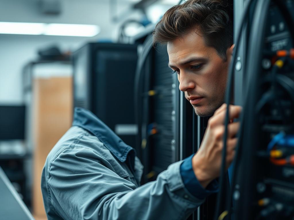 Close up shot of a technician working on a network