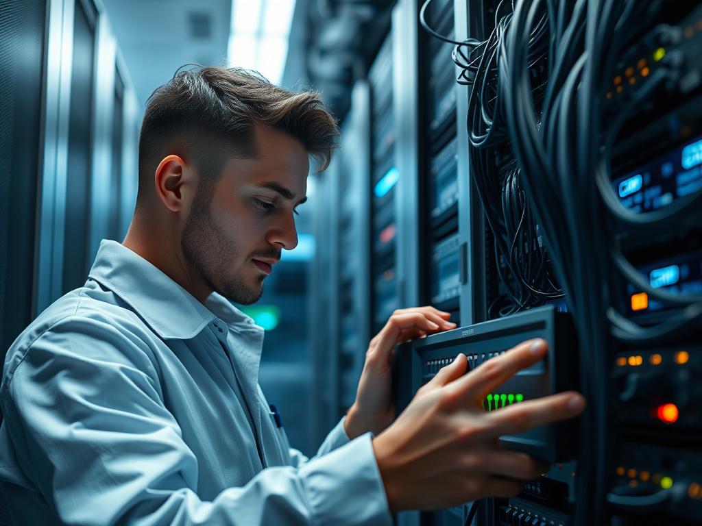 A detailed close up of a network engineer configuring a