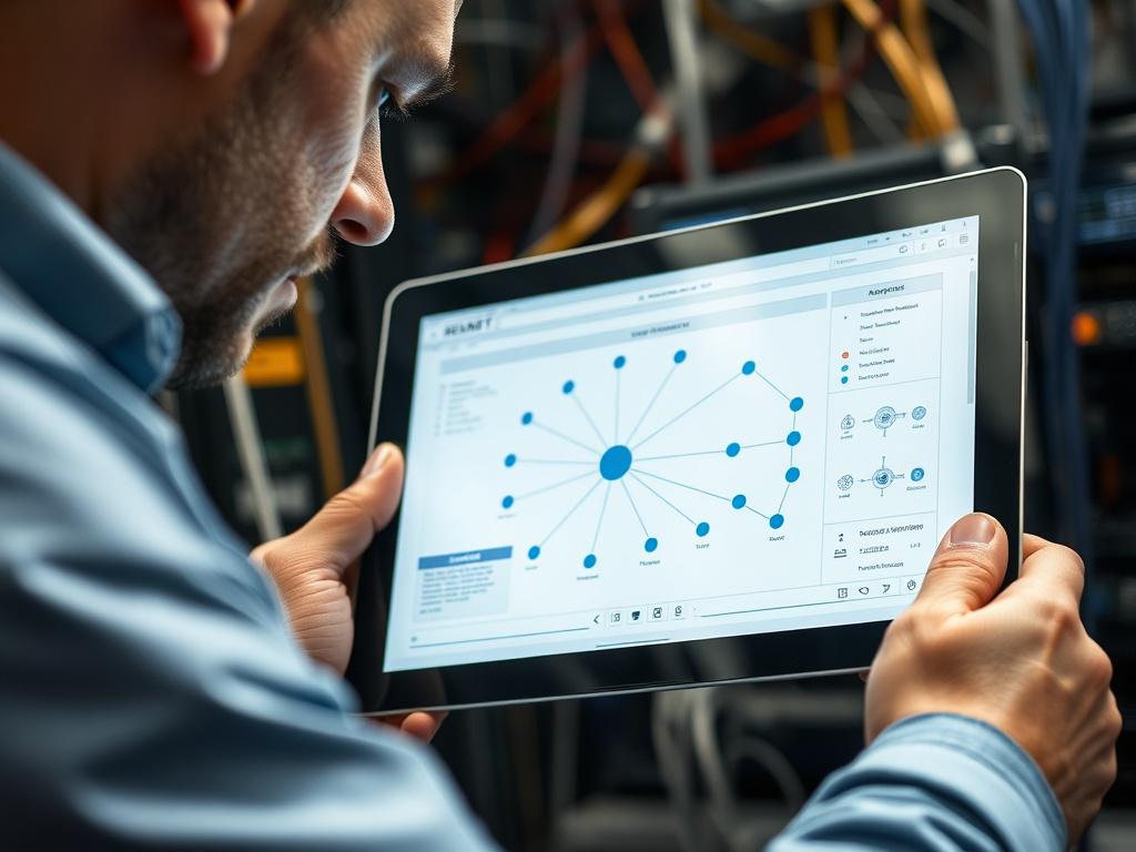 A close up of a professional examining a network diagram