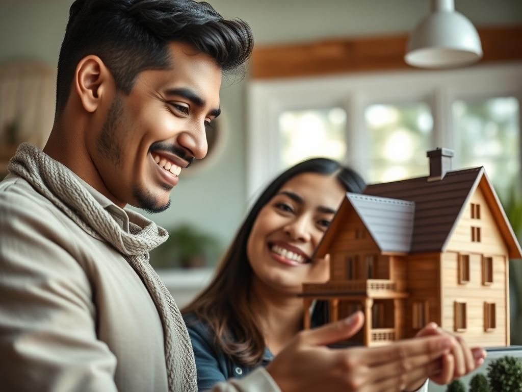 A close-up shot of a young Hispanic couple smiling while looking at a house model, set against a bright and inviting background, showcasing a warm and welcoming atmosphere.
